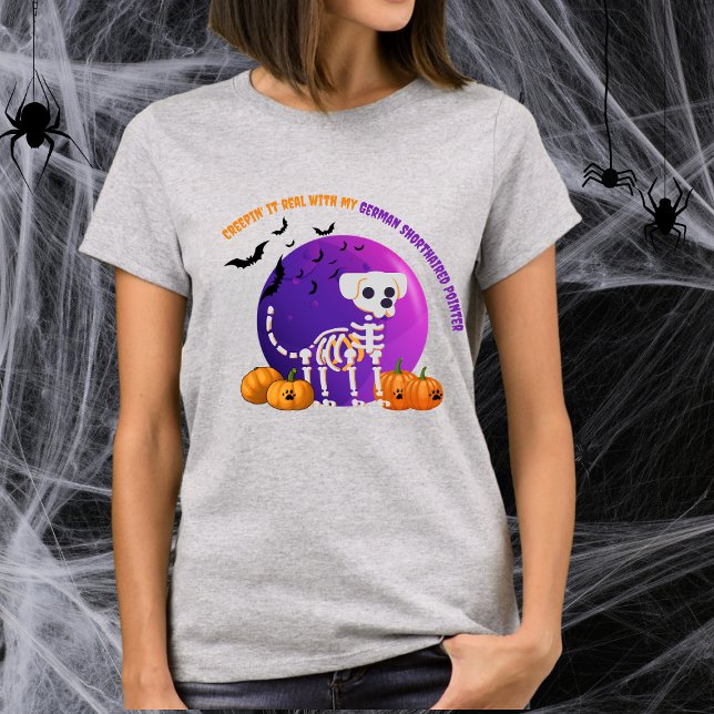 Scary German Shorthar Pointer Halloween TShirt T Shirt (Spooky Halloween t-shirt with a dog skeleton, full moon, pumpkins, bats, and your favorite dog breed)