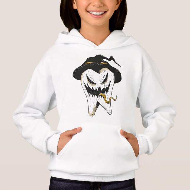 Scary Ghoulish Tooth in Witch Hat Halloween T Shirt (Framsida)