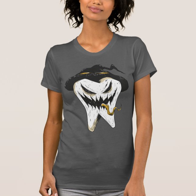 Scary Ghoulish Tooth in Witch Hat Halloween T Shirt (Framsida)