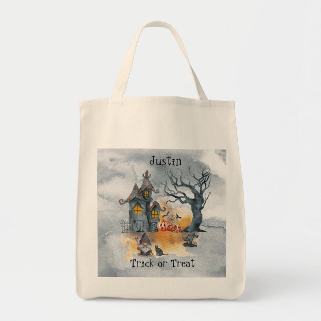 Scary Gnome Halloween Bus eller godis Tote Bag Tygkasse (Framsidan)