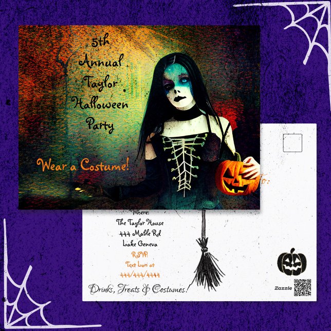 Scary Gothic Girl och Pumpkin Halloween fest Vykort (Skapare uppladdad)