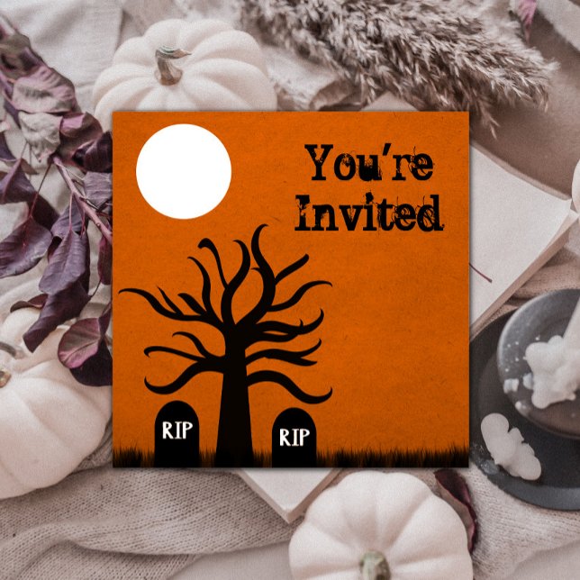 Scary Graveyard Halloween Inbjudan, Orange Inbjudningar (Scary Graveyard Halloween Invite - Orange)