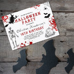 Scary Halloween Birthday Inbjudningar<br><div class="desc">Halloween-födelsedagsinbjudan med blodstänk,  ett skelett,  pumpor,  fladdermus,  spindel och webben och en häxa/katt på en broompinne,  allt på en klassisk vit bakgrund med en lättbegriplig inbjudan.</div>