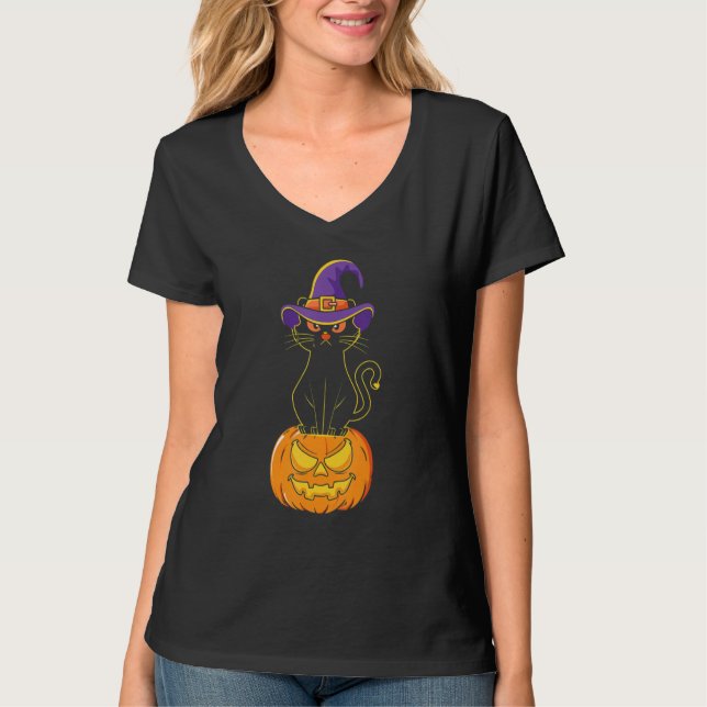 Scary Halloween Black Cat Costume Witch Hat & Måne T Shirt (Framsida)