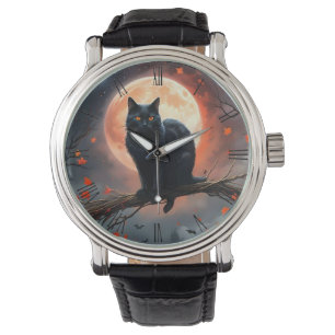 Scary Halloween Black Cat Moonlight. Armbandsur
