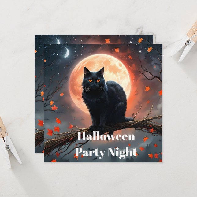 Scary Halloween Black Cat Moonlight. Inbjudningar (Fram/Back In Situ)