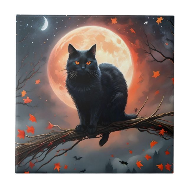 Scary Halloween Black Cat Moonlight. Kakelplatta (Framsidan)