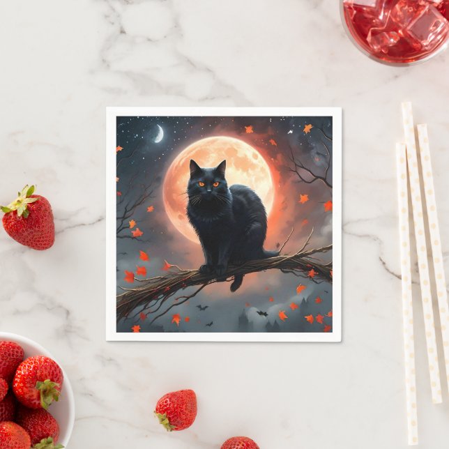 Scary Halloween Black Cat Moonlight. Pappersservett (Insitu)