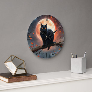 Scary Halloween Black Cat Moonlight. Stor Klocka