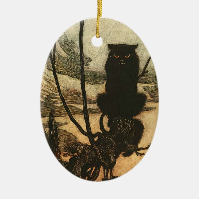 Scary Halloween Black Cat Vintage Rackham Julgransprydnad Keramik (Framsidan)