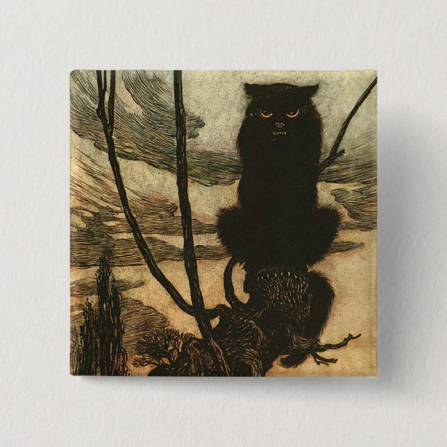 Scary Halloween Black Cat Vintage Rackham Knapp (Framsida)