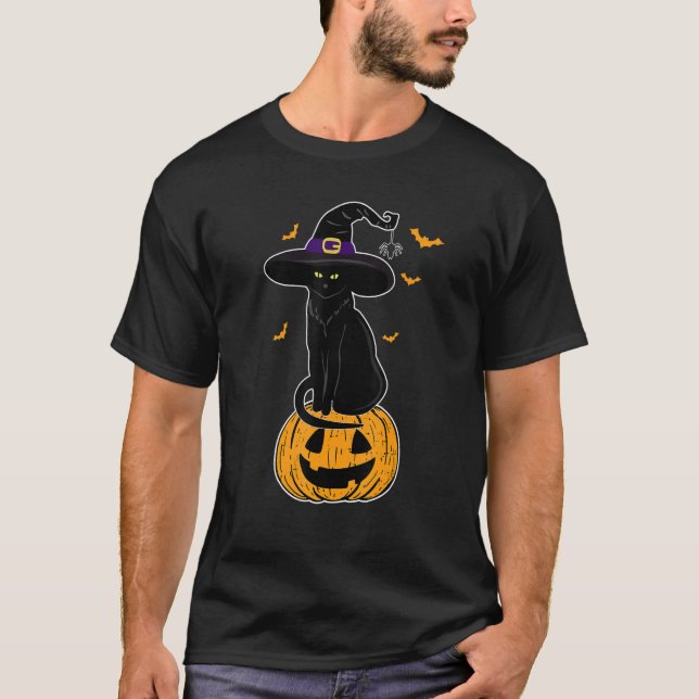 Scary Halloween Black Cat Witch Hat Cat Owners Jac T Shirt (Framsida)