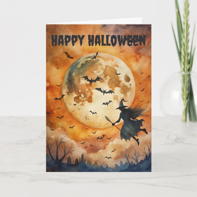 Scary Halloween Creepy Witch med Broomstick Helgkort (Framsida)
