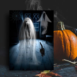 Scary Halloween Ghost och Black Cat Vykort