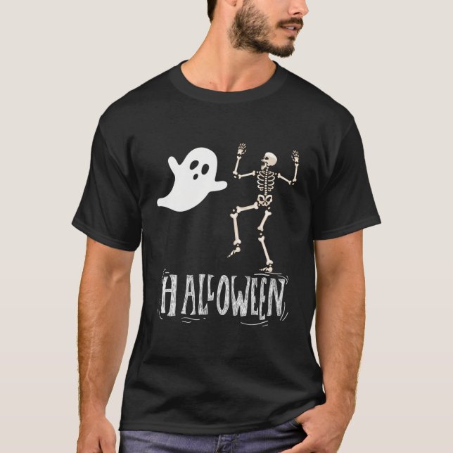 Scary Halloween Ghost och Funny Skeleton T Shirt (Framsida)