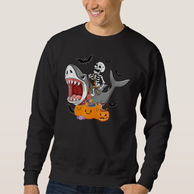 Scary Halloween Jackolantern Skeleton Shark Costum Lång Ärmad Tröja (Framsida)