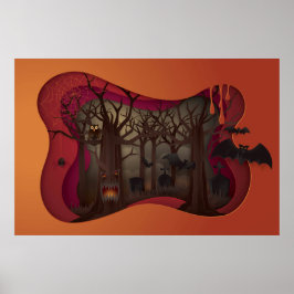Scary Halloween Papercut Träd i Graveyard Poster