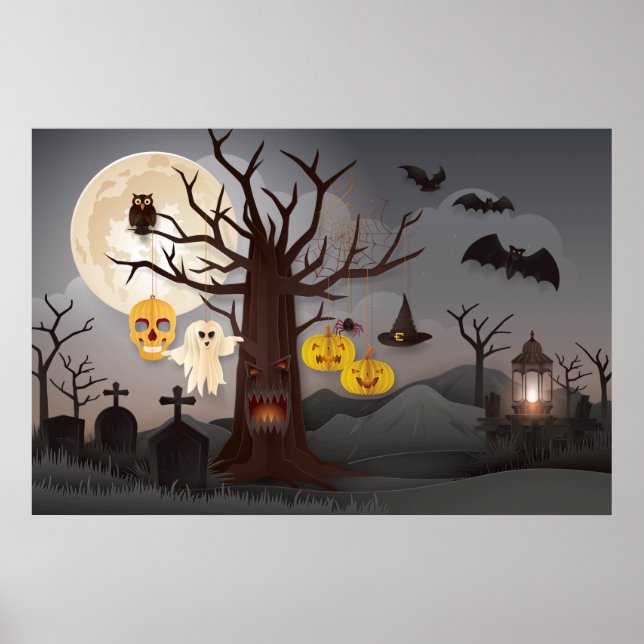 Scary Halloween Papercut Träd, Spöken, Fladdermus Poster (Framsidan)