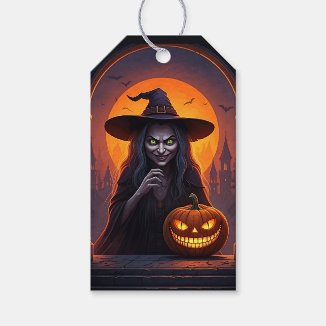 Scary Halloween Witch och Crazy Smile Pumpkin Presentetikett (Framsidan)
