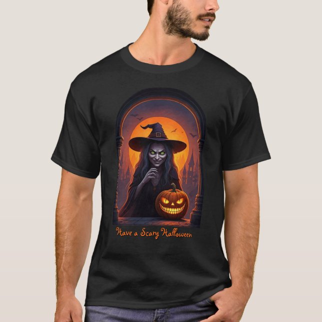 Scary Halloween Witch och Crazy Smile Pumpkin T Shirt (Framsida)