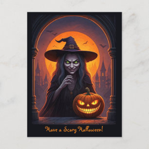 Scary Halloween Witch och Crazy Smile Pumpkin Vykort