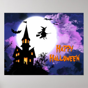 Scary Haunted Castle Flies Witch Halloween fest Poster