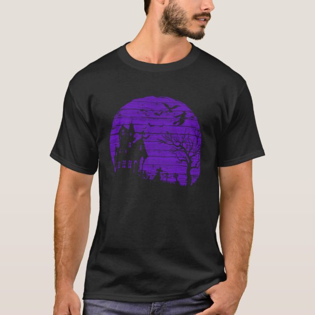 Scary Haunted House Halloween Moon Dead Tree & Bat T Shirt (Framsida)