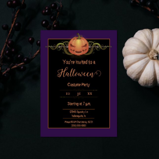 Scary Jack-o-Lantern Halloween | LILA Inbjudningar (Purple Scary Jack-o-Lantern Halloween Party Invite)