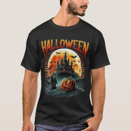 Scary Moonlit Haunted Castle Grim Reaper Halloween T Shirt