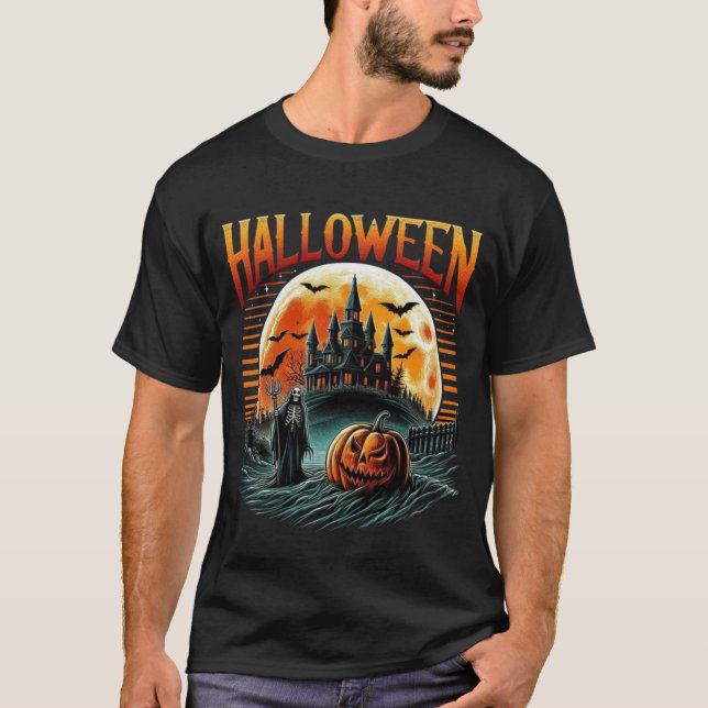 Scary Moonlit Haunted Castle Grim Reaper Halloween T Shirt (Framsida)