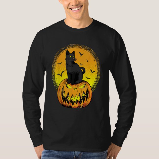 Scary Nightcat Black Cat With Yellow Eyes Pumpkin  T Shirt (Framsida)