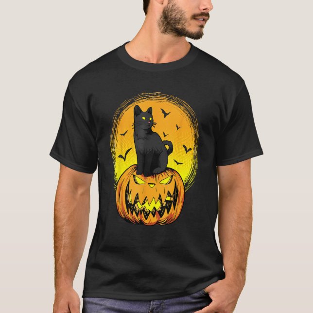 Scary Nightcat Black Cat With Yellow Eyes Pumpkin  T Shirt (Framsida)