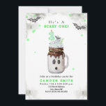 Scary One Grönt Ghost Milkshake 1st Birthday Inbjudningar<br><div class="desc">Scary Ett spöktema för party på första födelsedag med vattenfärg illustration av en halloween-temat burk spökmilkskakning med grönt sprinkles,  fladdermus och "1" ljus med halm i grönten. Gräns har grått-vattenfärgsdesign,  grönt-konfetti och fladdermus.</div>