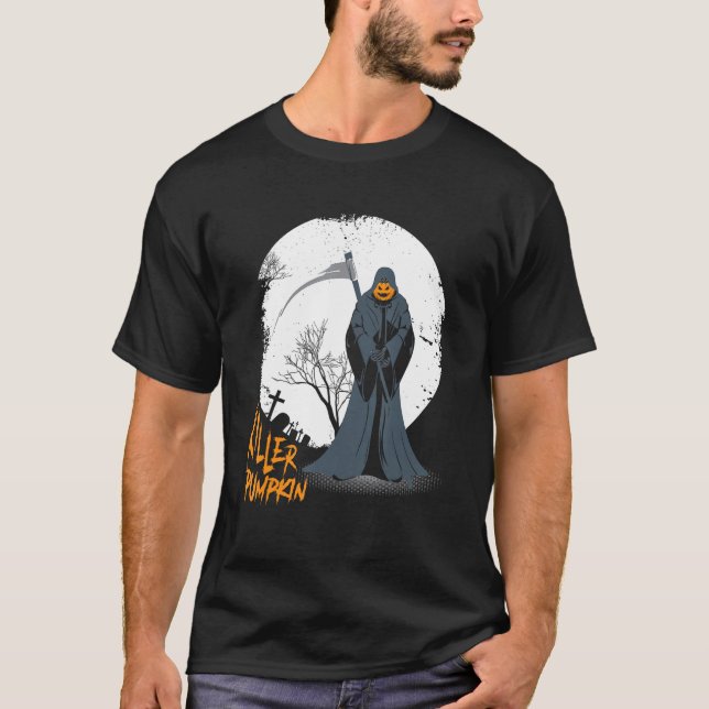Scary Pumpkin Ansikte Jack O'Lantern Grim Reaper H T Shirt (Framsida)
