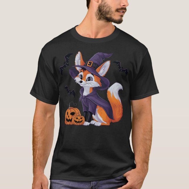 Scary Pumpkin Bat Funny Witch Hat Fennec Fox Hallo T Shirt (Framsida)