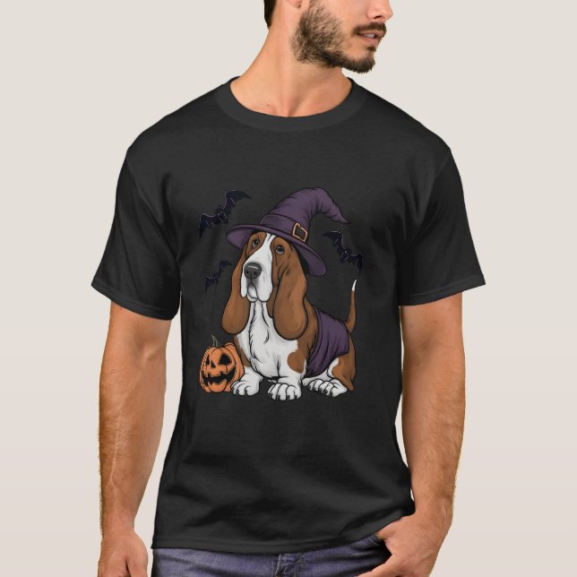 Scary Pumpkin Fladdermus Funny Witch Hat Basset Ho T Shirt (Framsida)