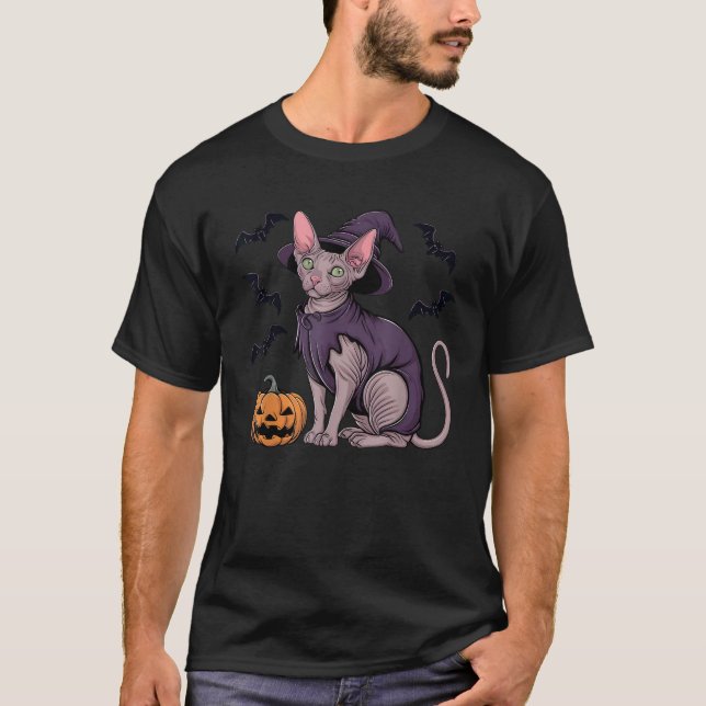 Scary Pumpkin Fladdermus Funny Witch Hat Sphynx Ca T Shirt (Framsida)