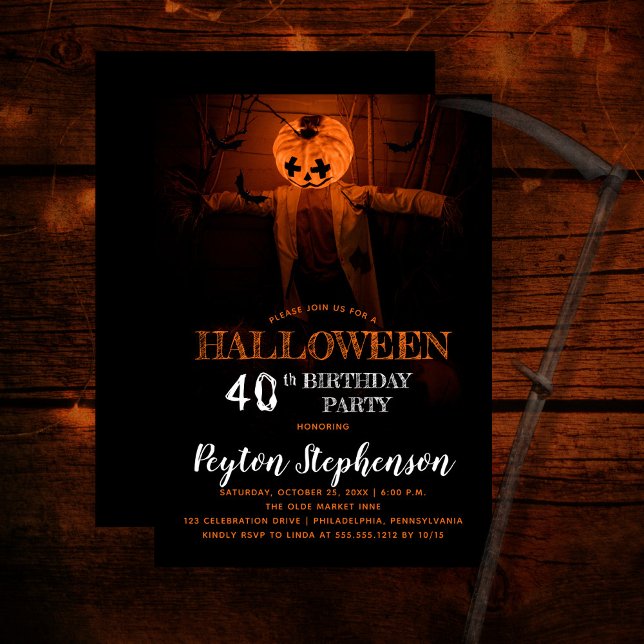 Scary Pumpkin Halloween 40:e födelsedagen Party Inbjudningar (Creepy barn scene pumpkin scarecrow adult Halloween 40th Birthday Party Invitation)