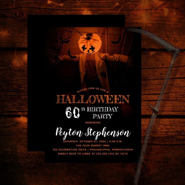 Scary Pumpkin Halloween 60:e Födelsedagsfesten Inbjudningar (Creepy barn scene pumpkin scarecrow adult Halloween 60th Birthday Party Invitation)