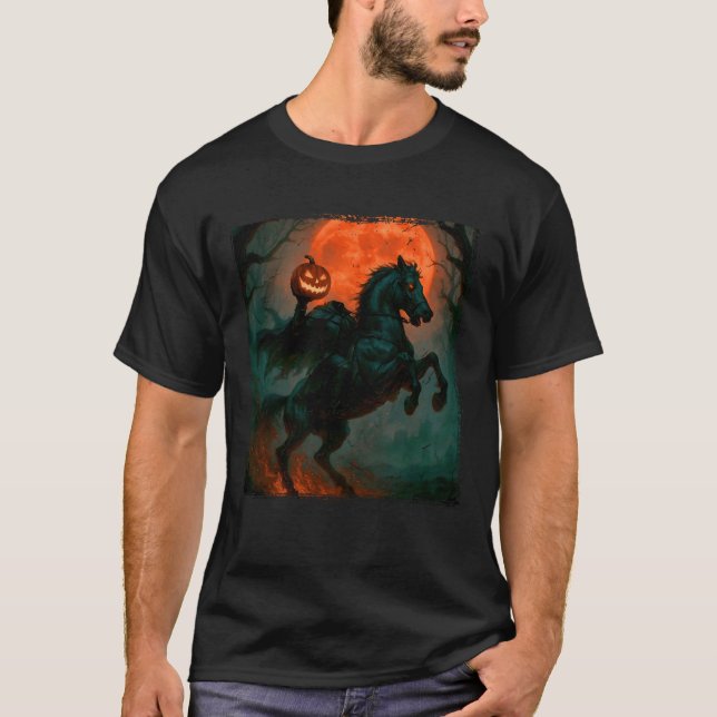 Scary Pumpkin Jack o lantern Headless Horseman Hal T Shirt (Framsida)