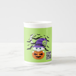 Scary Pumpkin med vit Kattunge och Witches Hat Benporslin Mugg