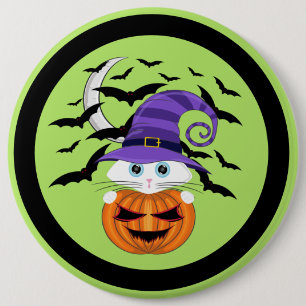Scary Pumpkin med vit Kattunge och Witches Hat Knapp