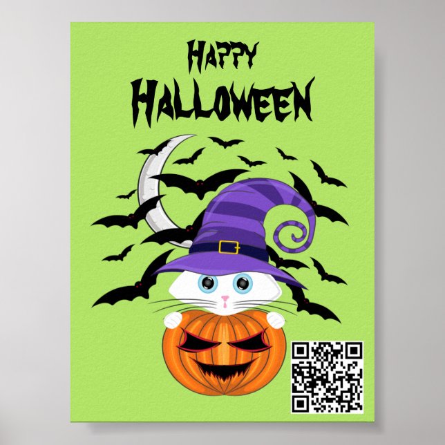 Scary Pumpkin med vit Kattunge och Witches Hat Poster (Framsidan)