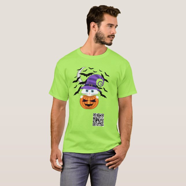 Scary Pumpkin med vit Kattunge och Witches Hat T Shirt (Hel framsida)