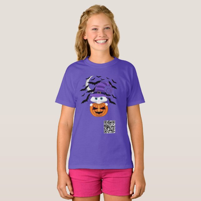 Scary Pumpkin med vit Kattunge och Witches Hat T Shirt (Hel framsida)