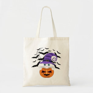 Scary Pumpkin med vit Kattunge och Witches Hat Tygkasse