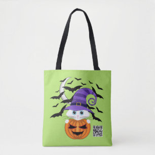 Scary Pumpkin med vit Kattunge och Witches Hat Tygkasse