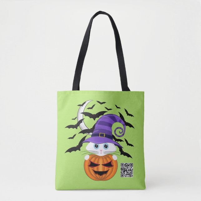 Scary Pumpkin med vit Kattunge och Witches Hat Tygkasse (Framsida)