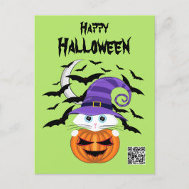 Scary Pumpkin med vit Kattunge och Witches Hat Vykort
