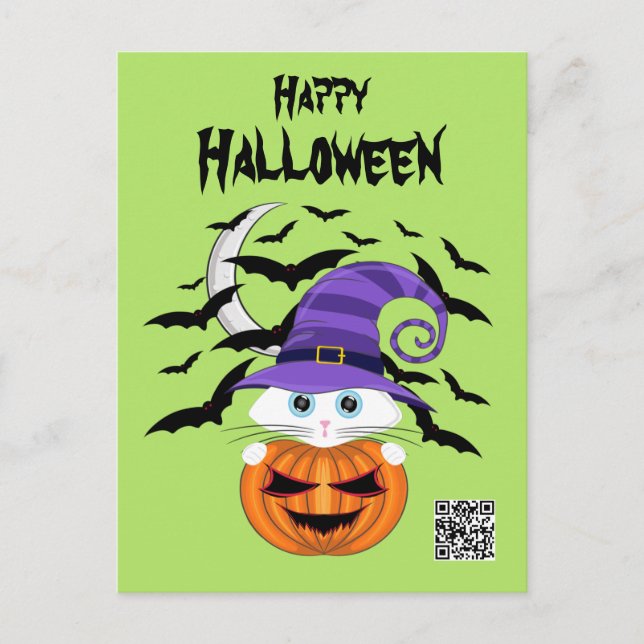 Scary Pumpkin med vit Kattunge och Witches Hat Vykort (Framsida)